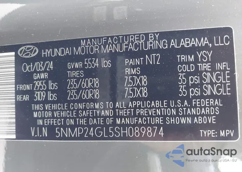 2025 Hyundai Santa Fe Sel из США, поврежденный, VIN 5NMP24GL5SH089874